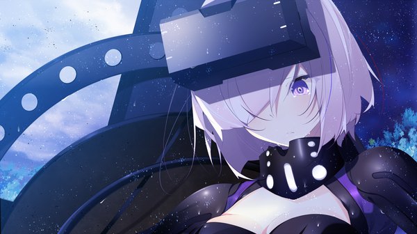 Anime picture 1785x1000 with fate (series) fate/grand order mash kyrielight benio (dontsugel) single blush fringe highres short hair breasts wide image purple eyes purple hair cloud (clouds) outdoors hair over one eye night night sky tears looking down