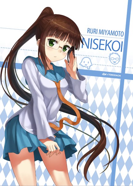 Anime picture 850x1183 with nisekoi shaft (studio) miyamoto ruri npcpepper single long hair tall image looking at viewer fringe breasts simple background brown hair standing green eyes ponytail head tilt pleated skirt leaning leaning forward girl