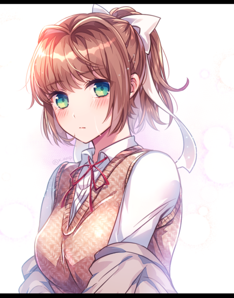 Anime picture 707x900 with doki doki literature club monika (doki doki literature club) aicedrop single tall image looking at viewer blush fringe short hair simple background brown hair green eyes signed upper body ponytail blunt bangs long sleeves off shoulder tears letterboxed