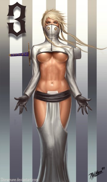 Anime picture 800x1356 with bleach studio pierrot tia harribel paul (shiramune) single long hair tall image breasts blue eyes light erotic blonde hair signed realistic bare belly spread arms striped striped background espada girl gloves