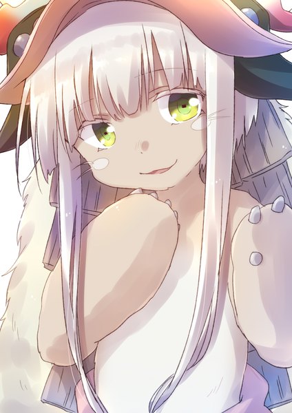 Anime picture 2894x4093 with made in abyss kinema citrus nanachi (made in abyss) nyaa (nnekoron) single long hair tall image looking at viewer highres green eyes silver hair upper body head tilt furry