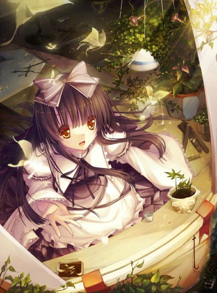 Anime picture 761x1027 with touhou star sapphire yayin (yayin233) single long hair tall image open mouth black hair yellow eyes girl dress bow plant (plants) hair bow insect butterfly