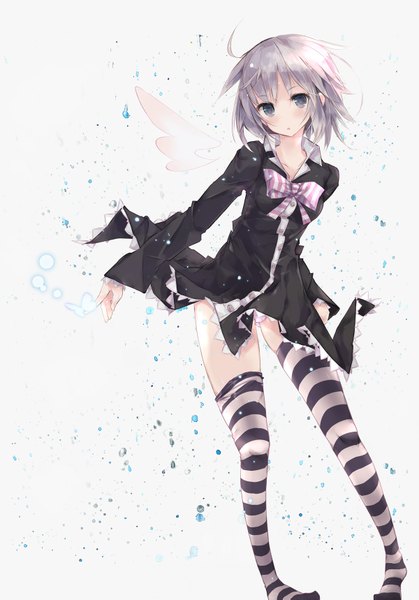 Anime picture 1200x1717 with original minchi (lordofthemince) single tall image short hair simple background white background grey hair grey eyes girl thighhighs dress wings striped thighhighs