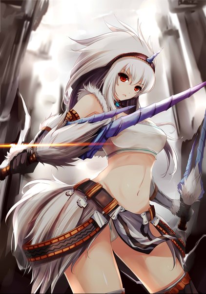 Anime picture 1075x1527 with monster hunter kirin (armor) monster hunter (character) x2 single long hair tall image looking at viewer fringe breasts light erotic red eyes standing bare shoulders sky white hair horn (horns) bare belly girl thighhighs