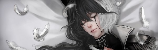 Anime picture 1821x580 with original myme1 single fringe short hair black hair hair between eyes wide image silver hair eyes closed multicolored hair inscription two-tone hair tears girl bedsheet feather (feathers) epaulettes