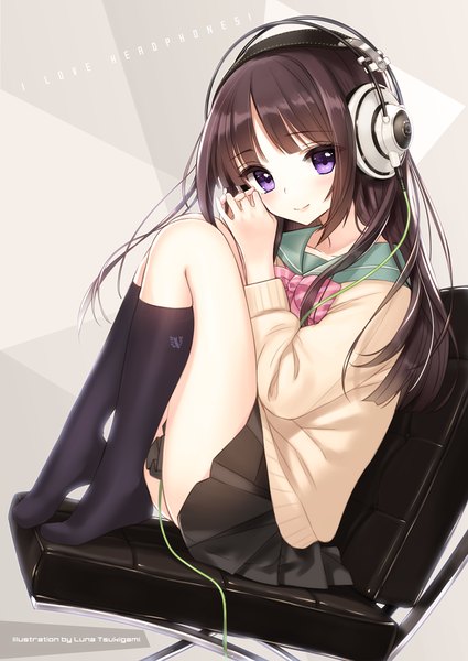 Anime picture 1000x1410 with original akg tsukigami luna single long hair tall image looking at viewer blush fringe light erotic brown hair sitting purple eyes signed bent knee (knees) head tilt pleated skirt light smile inscription no shoes