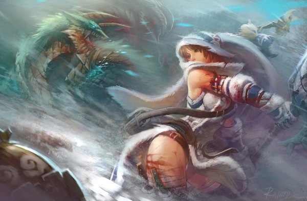 Anime picture 1200x786 with monster hunter monster hunter (character) lagombi (armor) zinogre cha-cha kayanba rained (artist) long hair brown hair bare shoulders teeth fang (fangs) battle girl weapon hood blood bag bandage (bandages) dragon