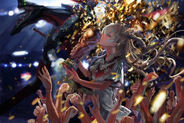 Anime picture 2000x1336 with neon genesis evangelion gainax adidas world cup 2014 fifa world cup soryu asuka langley eva 02 stu dts long hair highres twintails holding eyes closed grey hair football germany girl uniform cup mecha