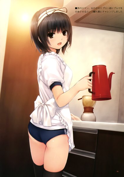 Anime picture 2106x3000 with original coffee-kizoku single tall image highres short hair open mouth light erotic black hair black eyes scan girl thighhighs uniform black thighhighs hairband apron gym uniform