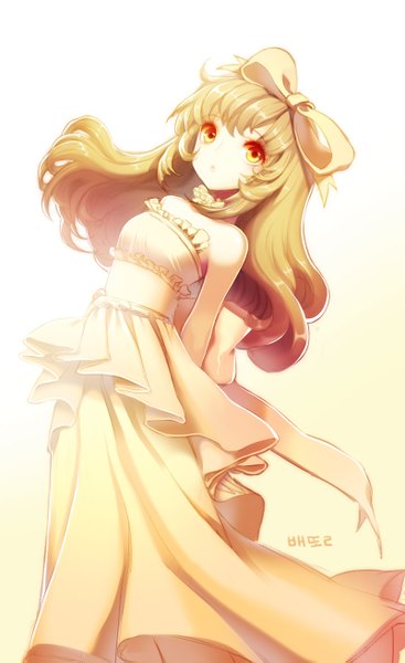 Anime picture 801x1307 with original bettols single long hair tall image looking at viewer blonde hair white background bare shoulders orange eyes girl dress bow hair bow