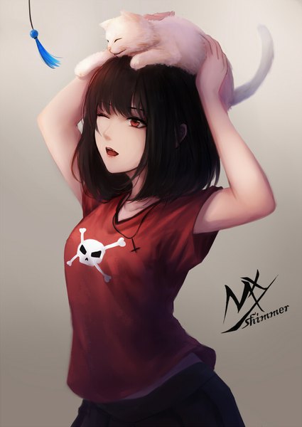 Anime picture 992x1402 with original shimmer single tall image looking at viewer fringe short hair open mouth black hair simple background hair between eyes red eyes standing signed one eye closed arms up gradient background animal on head skull print girl