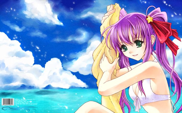 Anime picture 1440x900 with original les light erotic smile wide image twintails green eyes sky purple hair swimsuit bikini sea star (stars) white bikini towel