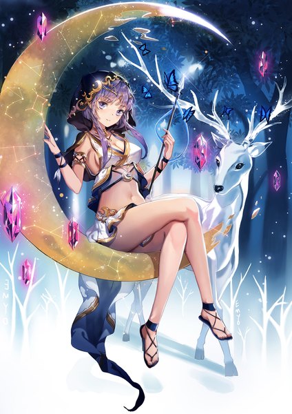 Anime-Bild 1200x1698 mit original emyo single tall image looking at viewer fringe short hair breasts smile purple eyes bare shoulders holding signed payot cleavage purple hair full body bent knee (knees) pleated skirt night
