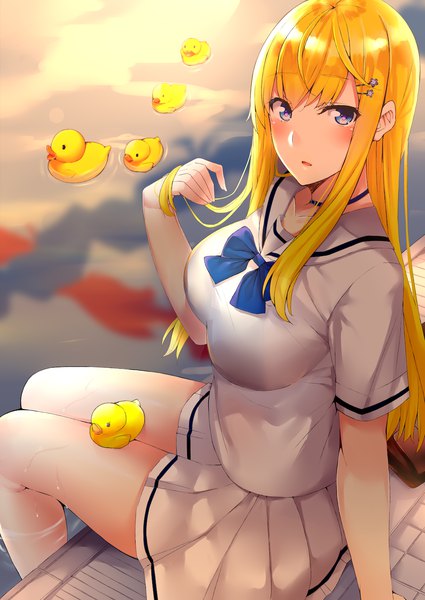 Anime picture 1075x1518 with original kaerunoashi single long hair tall image looking at viewer blush fringe breasts open mouth blue eyes blonde hair hair between eyes large breasts payot bent knee (knees) arm support shadow turning head reflection