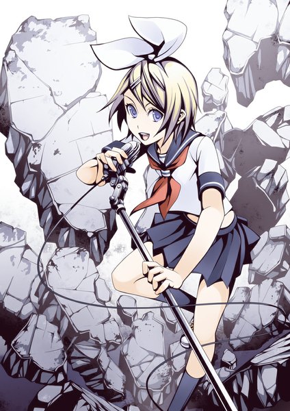 Anime picture 707x1000 with vocaloid kagamine rin torigoe takumi single tall image looking at viewer short hair open mouth blue eyes blonde hair destruction girl skirt bow hair bow socks serafuku black socks microphone stand