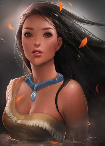 Anime picture 1440x2000 with pocahontas pocahontas (character) sakimichan single long hair tall image breasts black hair bare shoulders brown eyes looking away lips realistic wet girl water pendant leaf (leaves)