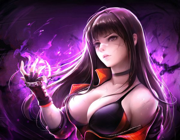 Anime picture 2000x1556 with dungeon and fighter female brawler (dungeon and fighter) flute (artist) single long hair fringe highres breasts light erotic black hair brown hair large breasts payot looking away cleavage upper body blunt bangs parted lips lips black eyes