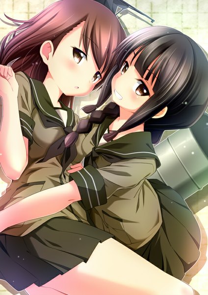 Anime picture 566x800 with kantai collection kitakami light cruiser ooi light cruiser sui. (ayase) long hair tall image blush black hair smile brown hair brown eyes braid (braids) pleated skirt :o grin single braid girl skirt uniform school uniform