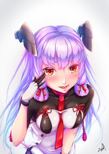 Anime picture 1354x1912 with kantai collection murakumo destroyer kurofude anna single long hair tall image looking at viewer blush open mouth light erotic red eyes white background purple hair tress ribbon remodel (kantai collection) girl gloves hair ornament ribbon (ribbons) hair ribbon