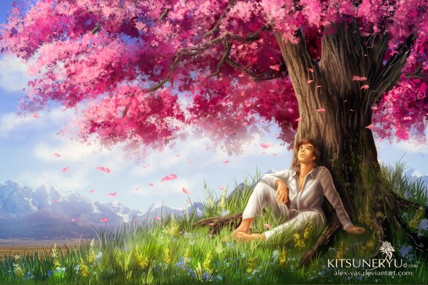 Anime picture 1600x1067 with alex-vas single short hair brown hair sitting green eyes signed sky barefoot inscription looking up mountain boy flower (flowers) plant (plants) petals tree (trees) grass