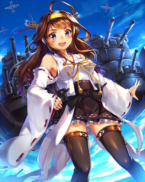 Anime picture 720x900 with kantai collection kongou battleship suika01 single long hair tall image blush open mouth light erotic smile brown hair sky cloud (clouds) ahoge traditional clothes pink eyes wide sleeves armpit (armpits) nontraditional miko girl