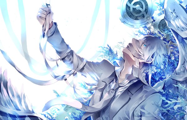 Anime picture 1960x1260 with sunakumo looking at viewer highres short hair blue eyes simple background blonde hair white background holding grey hair angel wings angel boy plant (plants) shirt wings necktie bandage (bandages) suit gears