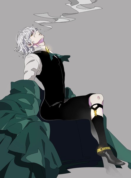 Anime picture 1300x1754 with fate (series) fate/grand order edmond dantes (fate/grand order) tenobe single tall image looking at viewer short hair simple background sitting yellow eyes silver hair profile grey background crossed legs smoke arched back smoking curly hair boy