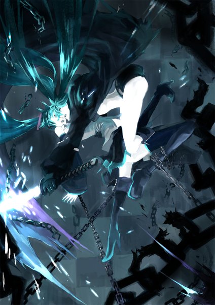 Anime picture 1240x1754 with black rock shooter vocaloid hatsune miku black rock shooter (character) 9ji tall image open mouth light erotic multiple girls ass nail polish aqua eyes aqua hair face to face crossover battle girl skirt navel weapon