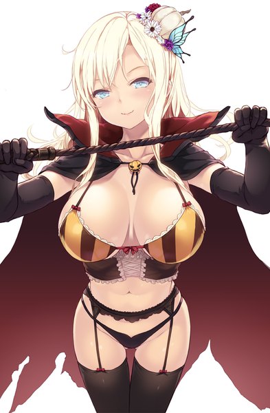Anime picture 1050x1600 with boku wa tomodachi ga sukunai kashiwazaki sena cait single long hair tall image looking at viewer breasts blue eyes light erotic blonde hair simple background large breasts white background halloween girl thighhighs gloves navel hair ornament