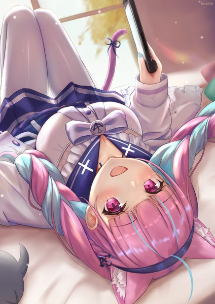 Anime picture 1416x2006 with virtual youtuber hololive minato aqua minato aqua (sailor) amano kusatsu single long hair tall image looking at viewer blush fringe open mouth smile holding signed animal ears payot pink hair ahoge bent knee (knees)