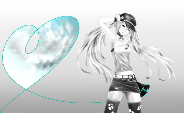 Anime picture 2850x1760 with vocaloid hatsune miku matsuri (artist) single long hair looking at viewer highres wide image standing twintails sky cloud (clouds) aqua eyes bare belly armpit (armpits) alternate costume zettai ryouiki monochrome hand on head heart of string