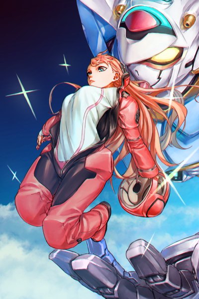 Anime picture 900x1350 with mobile suit gundam gundam g no reconguista sunrise (studio) aida reihanton g-self xi meng single long hair tall image breasts looking away sky cloud (clouds) aqua eyes orange hair spread arms jumping girl uniform wings