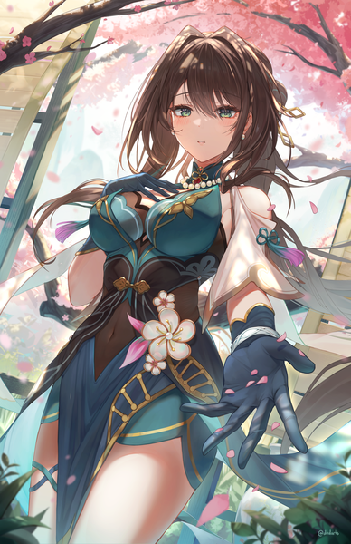 Anime picture 3300x5100 with honkai: star rail honkai (series) ruan mei (honkai: star rail) dvdarts single long hair tall image looking at viewer fringe highres hair between eyes brown hair standing green eyes absurdres cherry blossoms covered navel hand on chest outstretched hand girl