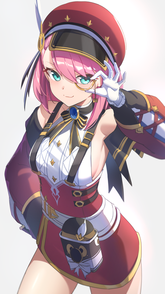 Anime picture 1064x1888 with genshin impact charlotte (genshin impact) reulem single tall image looking at viewer fringe short hair simple background smile hair between eyes standing pink hair aqua eyes from above grey background hand on hip girl gloves hat