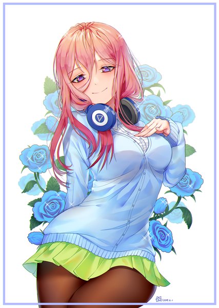 Anime picture 1424x2000 with go-toubun no hanayome nakano miku tacco (tikeworld) single long hair tall image looking at viewer blush fringe breasts simple background hair between eyes large breasts standing white background purple eyes signed pink hair pleated skirt thighs