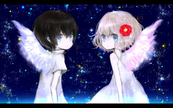 Anime picture 1600x1000 with original vocaloid nico nico singer heart democracy mari (milkuro-cat) short hair blue eyes black hair wide image white hair looking back hair flower letterboxed angel wings constellation girl boy hair ornament wings star (stars)