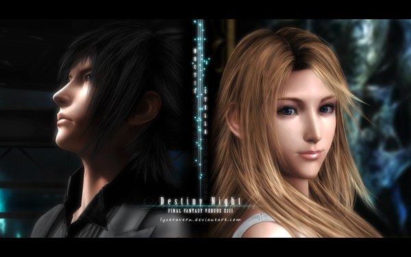 Anime picture 1280x800 with final fantasy final fantasy versus xiii square enix noctis lucis caelum stella nox fleuret lyzeravern long hair short hair blue eyes black hair brown hair wide image purple eyes lips realistic inscription letterboxed girl boy