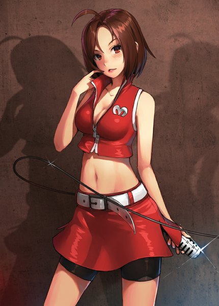 Anime picture 716x1000 with vocaloid meiko efmoe single tall image looking at viewer blush short hair simple background red eyes brown hair bare shoulders cleavage ahoge bare belly shadow brown background girl skirt navel