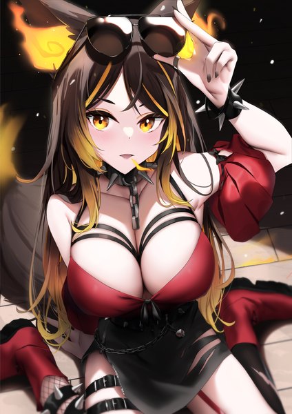 Anime picture 1152x1629 with virtual youtuber indie virtual youtuber sinder (vtuber) skai kun single long hair tall image looking at viewer blush fringe breasts open mouth light erotic simple background brown hair large breasts sitting animal ears yellow eyes cleavage