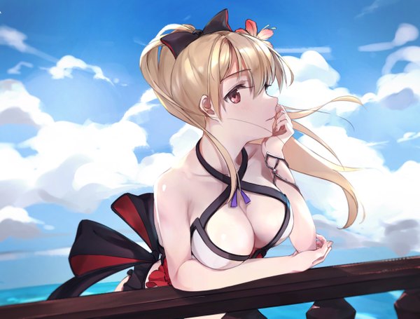 Anime picture 4960x3764 with granblue fantasy vira lilie noa0319 single long hair blush fringe highres breasts light erotic blonde hair hair between eyes red eyes large breasts bare shoulders looking away absurdres sky cloud (clouds) outdoors