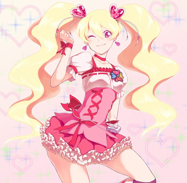 Anime picture 1077x1056 with precure fresh precure! toei animation momozono love cure peach single long hair blonde hair red eyes twintails one eye closed wink girl dress hair ornament heart