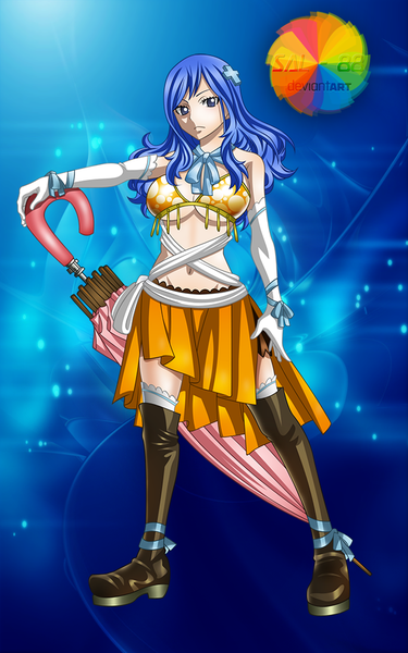 Anime picture 625x1000 with fairy tail juvia lockser sal-88 single long hair tall image blue eyes light erotic blue hair midriff coloring closed umbrella girl thighhighs gloves navel hair ornament white thighhighs elbow gloves white gloves