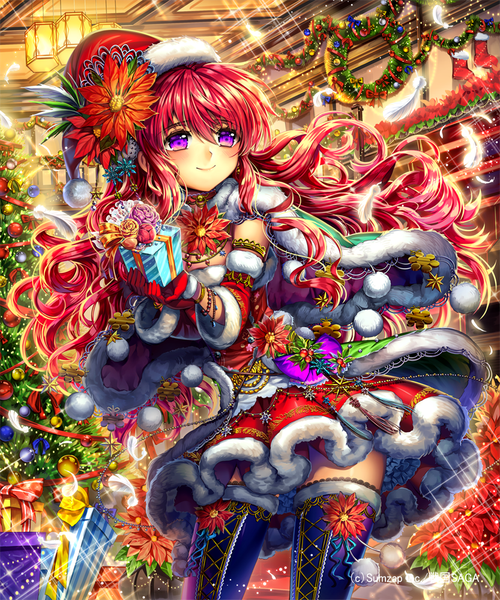 Anime picture 833x1000 with sengoku saga ells (ellsat) single long hair tall image blush fringe smile hair between eyes standing purple eyes holding looking away red hair arm up hair flower official art sparkle leaning leaning forward