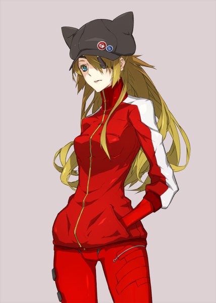 Anime picture 1000x1400 with neon genesis evangelion gainax soryu asuka langley yucca-612 (neco) single long hair tall image blue eyes brown hair looking away hands in pockets girl jacket bodysuit eyepatch flat cap