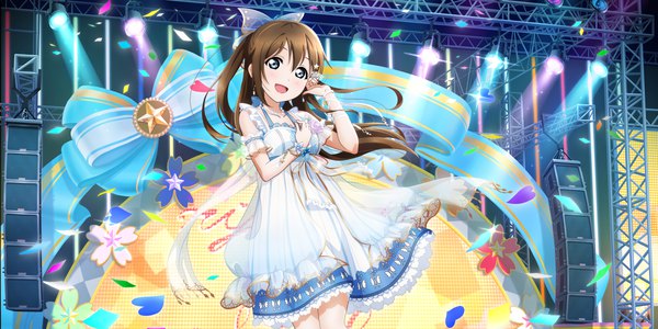 Anime picture 3600x1800 with love live! nijigasaki high school idol club love live! school idol festival all stars sunrise (studio) love live! ousaka shizuku single long hair looking at viewer blush fringe highres open mouth blue eyes smile hair between eyes brown hair wide image :d official art floating hair