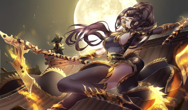 Anime picture 1385x817 with league of legends akali (league of legends) shen (league of legends) gu-ko citemer long hair looking at viewer light erotic black hair wide image yellow eyes ponytail night glowing girl thighhighs weapon moon mask