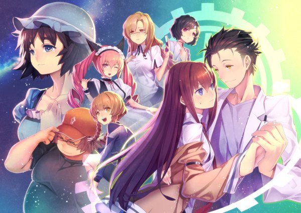 Anime picture 2000x1414 with steins;gate white fox makise kurisu shiina mayuri okabe rintarou faris nyannyan amane suzuha urushibara ruka kiryuu moeka hashida itaru misti long hair highres short hair open mouth blue eyes black hair blonde hair red eyes brown hair