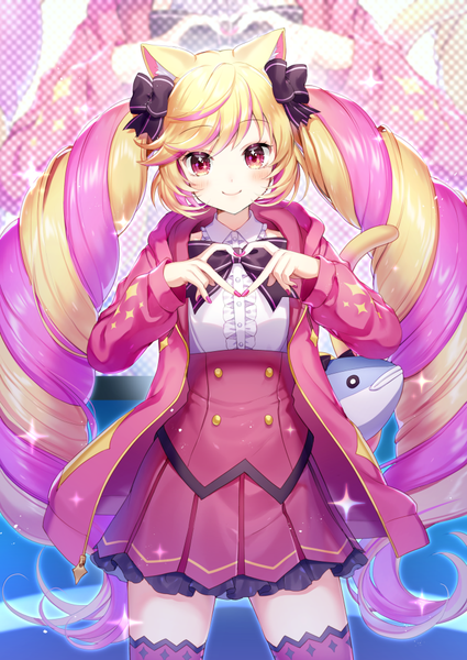 Anime picture 708x1000 with show by rock!! studio bones mashima himeko (show by rock!!) momoshiki tsubaki single tall image looking at viewer blush blonde hair smile red eyes twintails animal ears pink hair tail very long hair nail polish animal tail multicolored hair cat ears