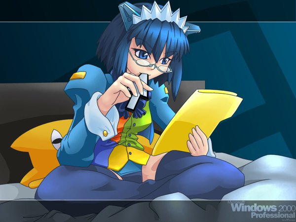 Anime picture 1600x1200 with os-tan 2k-tan single short hair blue eyes sitting blue hair puffy sleeves indian style girl thighhighs hair ornament black thighhighs glasses bed folder cursor