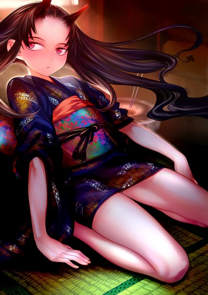 Anime picture 850x1202 with original tomiyama akiji single long hair tall image blush black hair bent knee (knees) traditional clothes parted lips japanese clothes pink eyes horn (horns) sunlight kneeling oni horns girl belt kimono